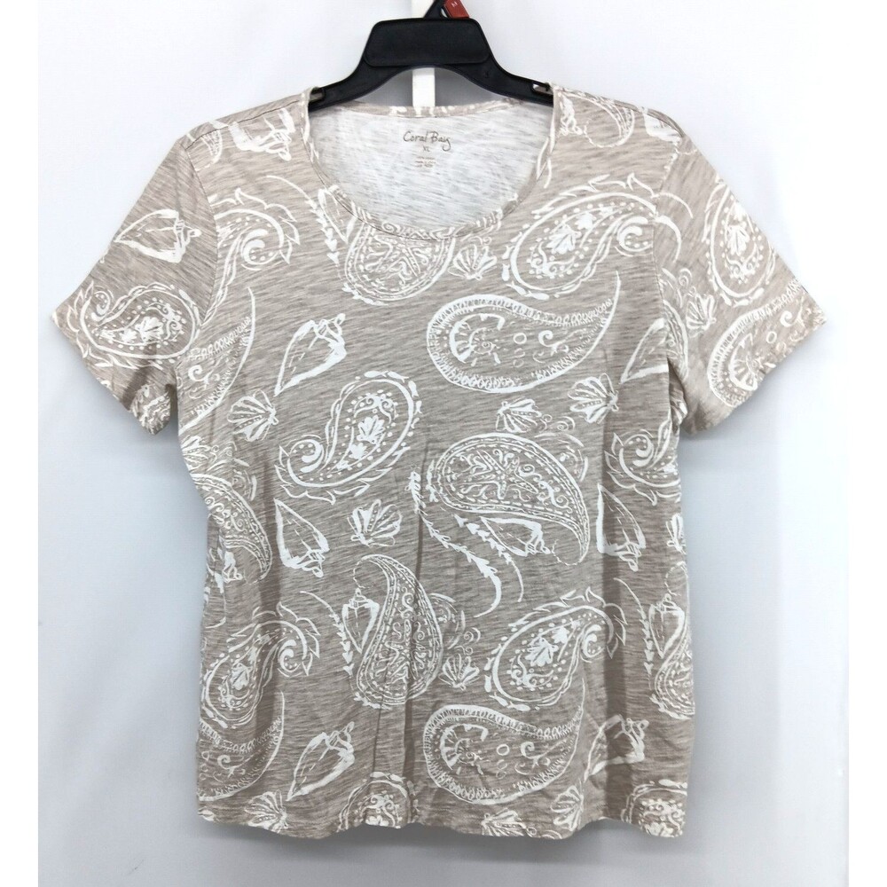 Coral Bay Shirt Women Size XL Beige Paisley Seashells Short Sleeve Casual Top